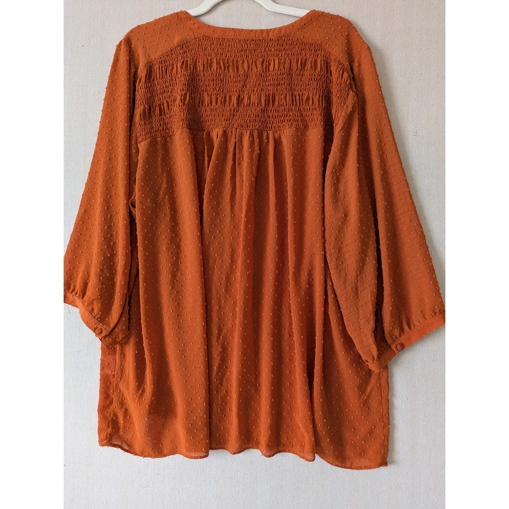 Rose + Olive Blouse Womens 2X Burnt Orange Swiss Dot Smocked Button Front Boho - Picture 3 of 9